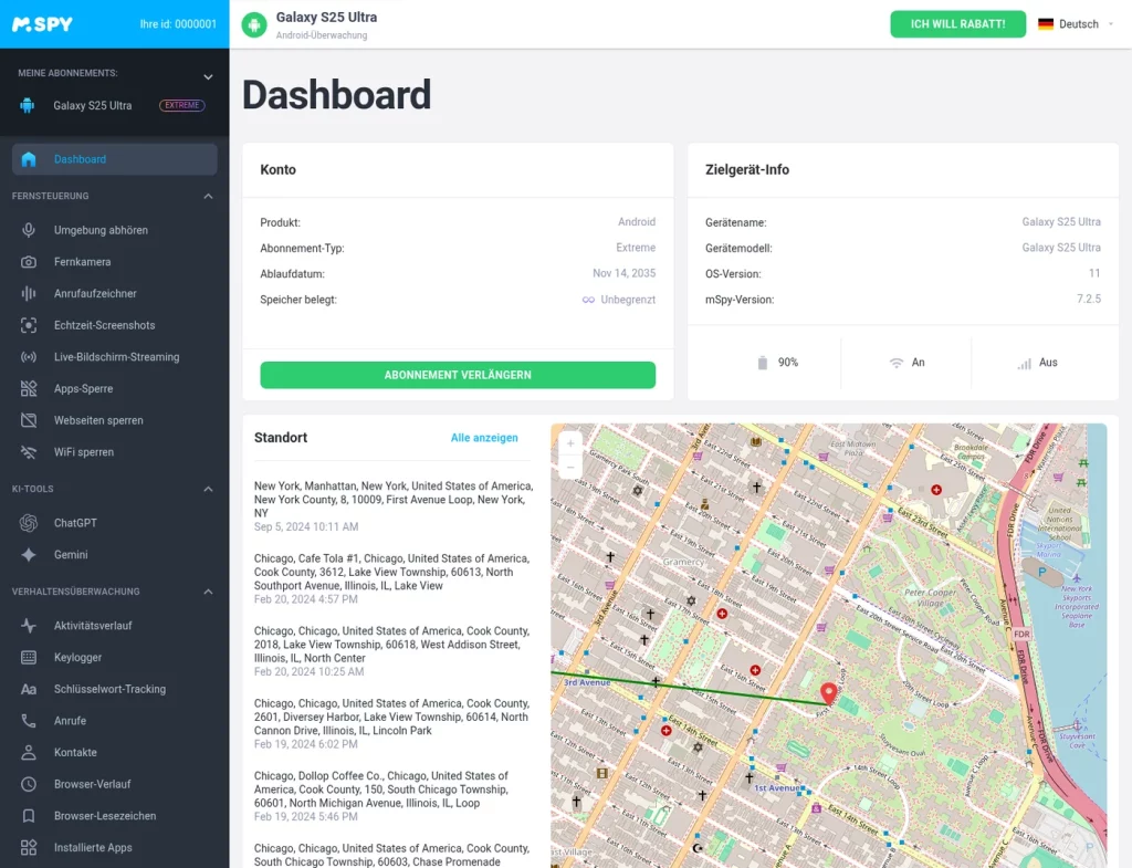 mSpy Demo-Dashboard mit Kontodaten, Zielgerät-Informationen und Standortverlauf