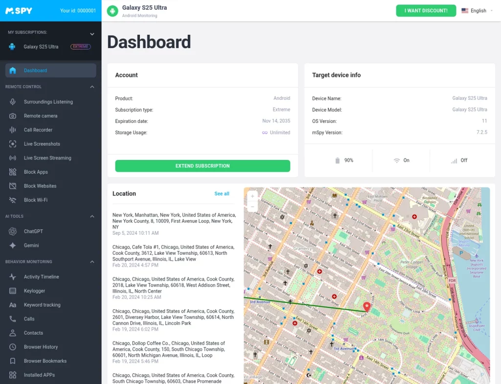 mSpy demo dashboard showing account details, target device information and location history