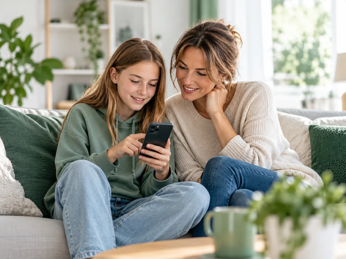 Mutter und Tochter sehen gemeinsam auf ein Smartphone