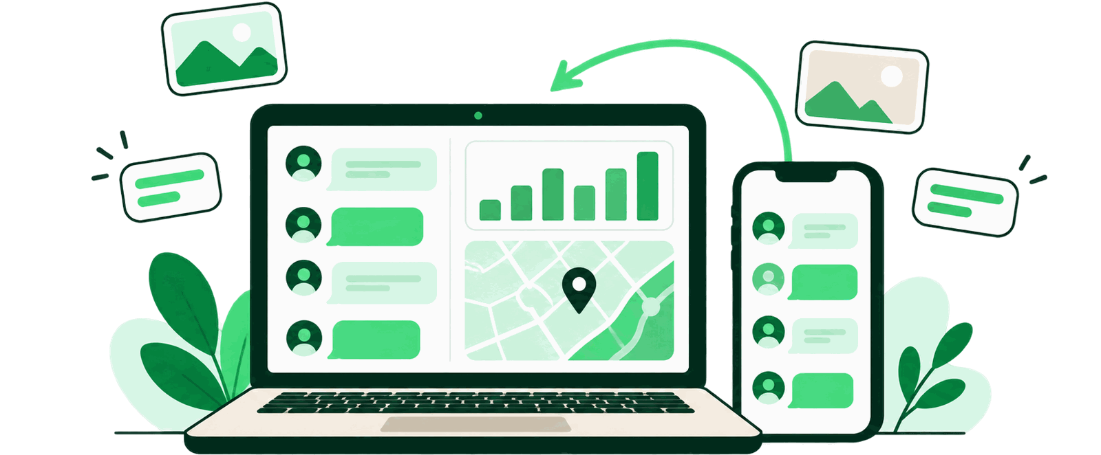 Illustration: Auswertung der Handydaten im Browser, daneben ein Smartphone