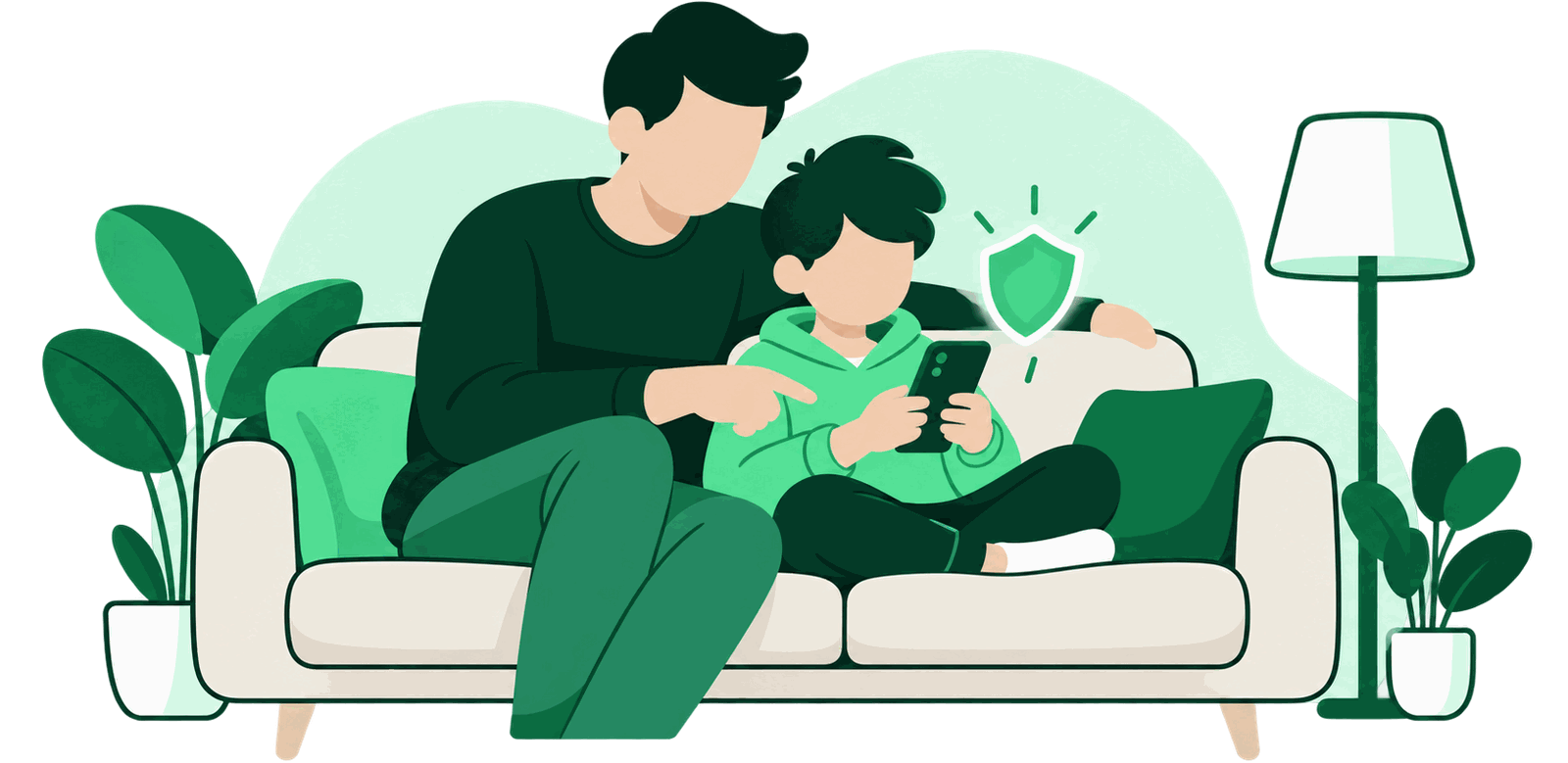 Illustration: Elternteil und Kind sitzen nebeneinander, das Kind hält ein Smartphone