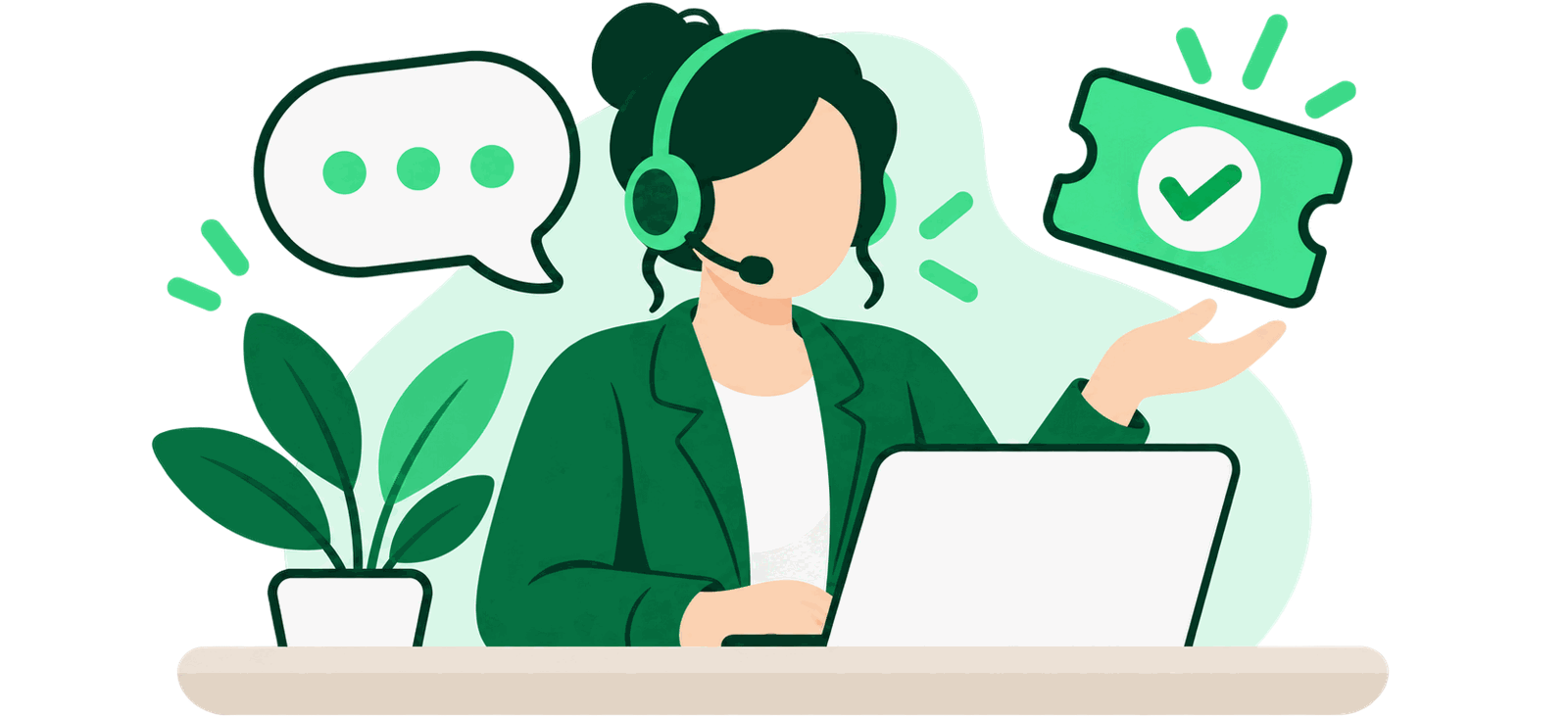 Illustration: a support agent with a headset and a service ticket